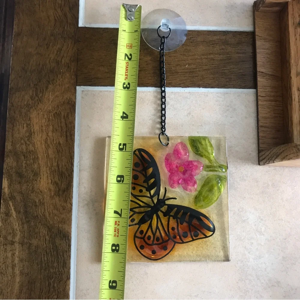 Window Hanging Glass Square Tile Butterfly And Flowers Painted Art Sun Catcher